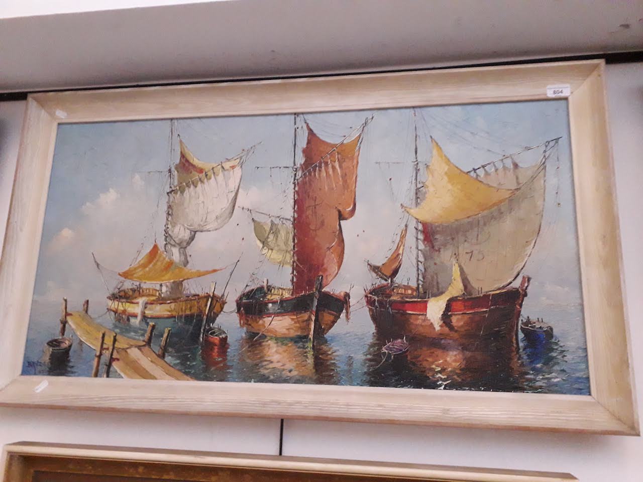 20th century school, oil on canvas, Mediterranean scene with boats, 99.5cm x 50.5cm, signed '