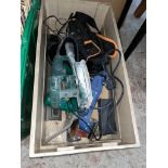 A box of electrical items including Bosch sander, etc.