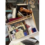 Two boxes of assorted items including binoculars, grooming set, silver plated wear, a Korean dish,