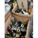 2 boxes of misc including metalware and ceramics including soda syphon, brass candlestick holders,