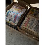 Two boxes of comics, including Whizzer and Chips, Beano, Krazy, The Hornet etc.