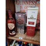 Three bottles of whisky comprising a Glen Marnoch Bourbon Cask Speyside single malt, Chivas Regal 12