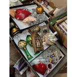 Three trays of assorted items including glass furniture knobs, glass and ornaments.