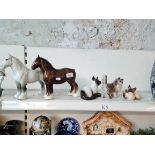 Beswick - 2 Shire mares and 3 cat figures