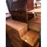 Various items of furniture; two pine bookcases, an oak bureau, an oak blanket box, and an oak sewing