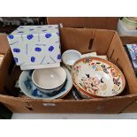 Box of ceramics including painted tiles, carved soapstone figure, various bowls etc