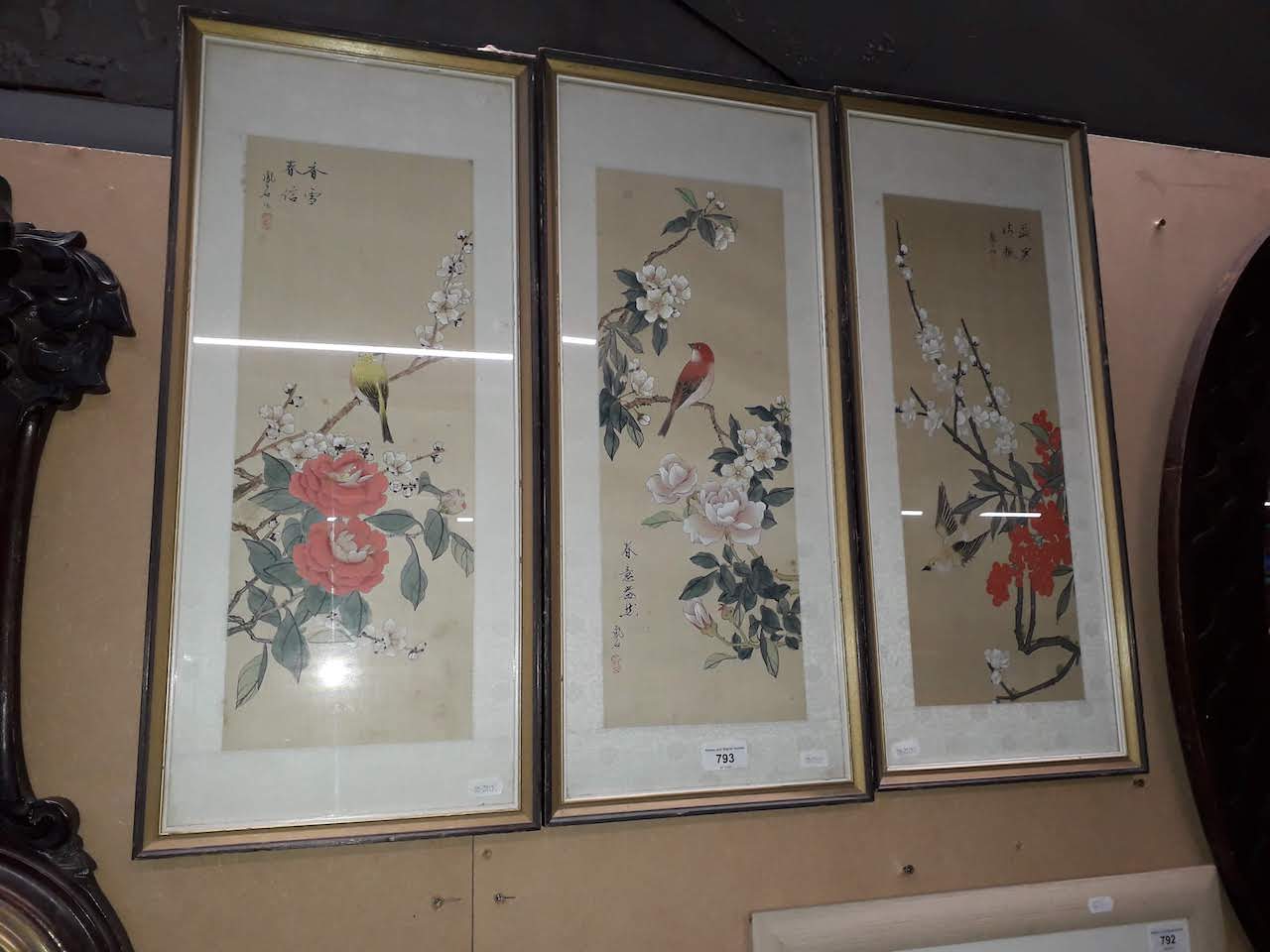 Three Chinese paintings, birds and flowers, all framed and glazed.