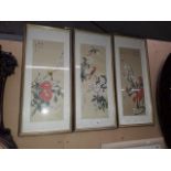 Three Chinese paintings, birds and flowers, all framed and glazed.