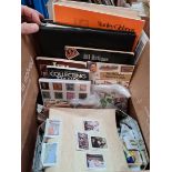 A box of stamp albums, books and loose stamps