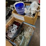 A box of ceramics and glass and two boxes of glass including tea light holders