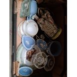 A box of mixed china to include Wedgwood.