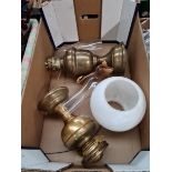 2 vintage brass oil lamps, 2 funnels, and a shade
