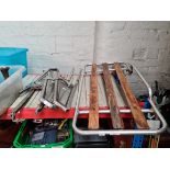 A vintage car boot rack and various car door parts to include Triplex toughened glass.