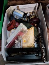 A box of assored coolectable including Thimbles, Whistles, compass,small Jewellery items etc.