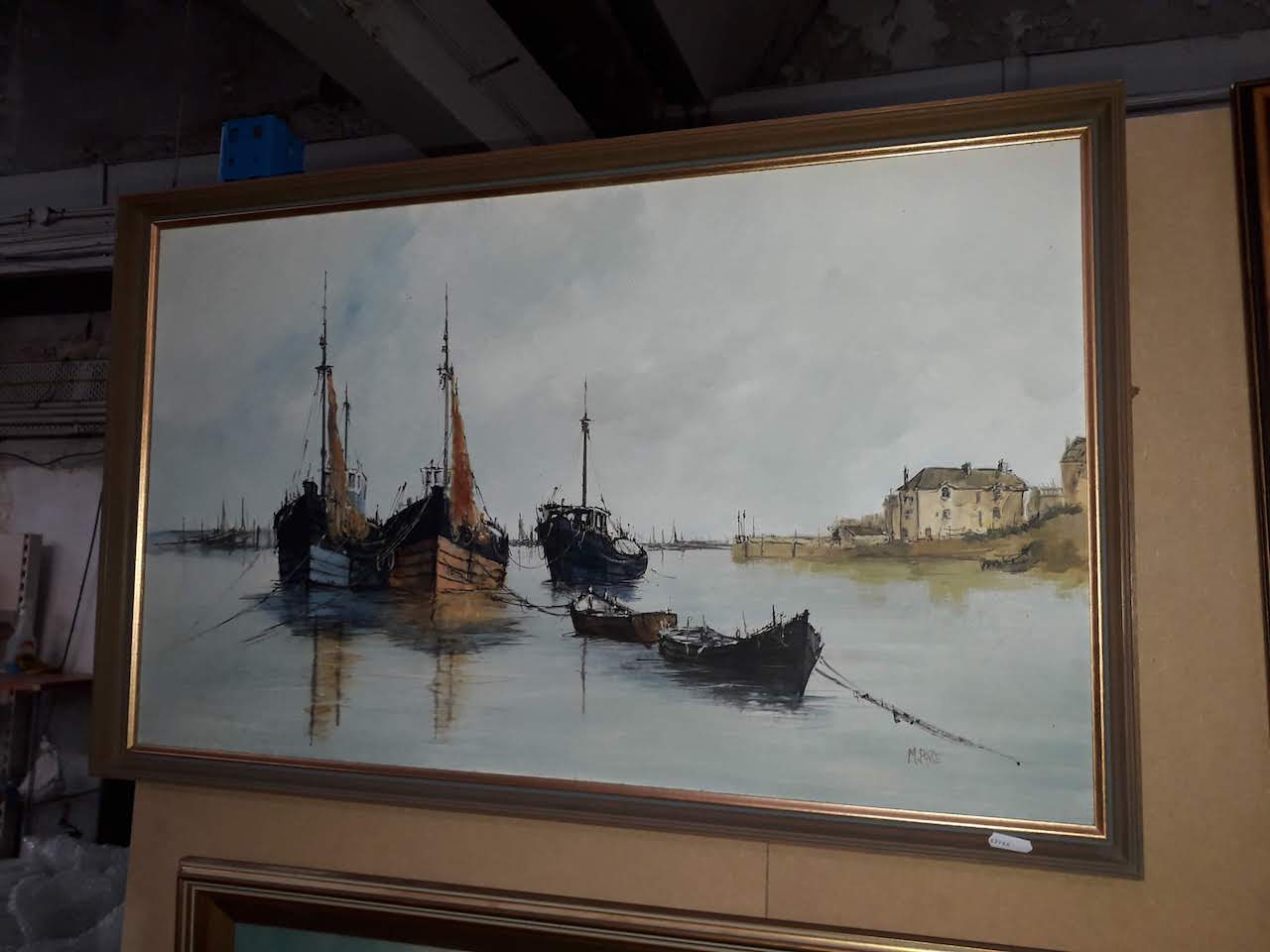 20th century school, acrylic on board, harbour scene with boats, framed.
