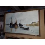 20th century school, acrylic on board, harbour scene with boats, framed.