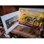 A repro metal sign "BSA Banton" and a print of a river.