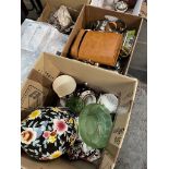 Two boxes of mixed items including binoculars, glass, pottery and silver plated ware. Includes 6