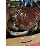 A box of metalware, mostly Eastern copper and an Arts and Crafts copper plate.