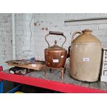 A mixed lot including a stoneware flagon, a carpet beater, a set of Japanese figures, plated