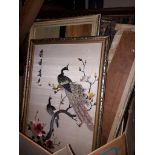 A box of assorted pictures including Oriental embroideries.