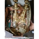 Assorted brassware including candlesticks, miniature warming pan, bells etc.