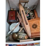 A mixed lot including musical boxes, an old camera, metalware, ceramics, shuttles etc.