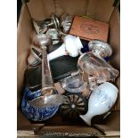A box of mixed items including gauges, a shipping line ash tray, table lighters etc.