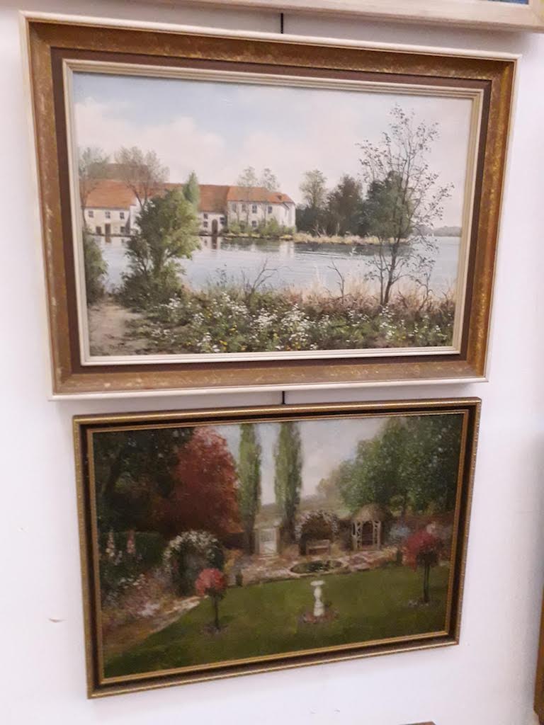 Three original 20th century works; an oil on canvas, river scene, 74.5cm x 49cm, signed 'F