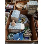 Box of various ceramics including Franz cup and saucer set, Irish Dresden figurines, jasperware twin