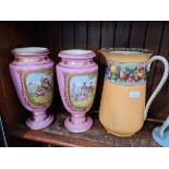 A pair of pink pottery Edwardian transfer printed vases and a wash jug