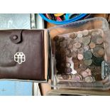 A tub of GB coins & 3 empty coin boxes