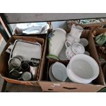Box of pottery and a box of stainless steel etc.