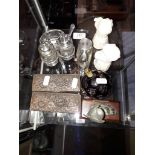 A mixed lot including silver topped scent bottle, plated cruet set, metal trinket boxes etc.