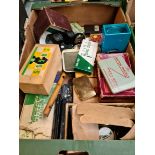 A box of misc including vintage hair clippers, view master, novelty lighter, chess pieces, various