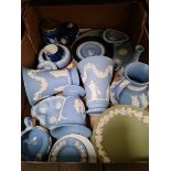 A box of Wedgwood Jasperware to include a tazza, vases, etc - 20 pieces.