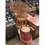 A Victorian rocking chair, a wicker peacock chair, an old office style chair and a small bentwood