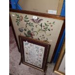 A wooden and needlework fire screen and a sampler