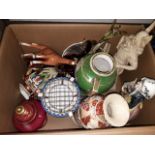 A mixed box of ceramics including Capodimonte, 3 pieces of Noritake, large glass animal figures, etc