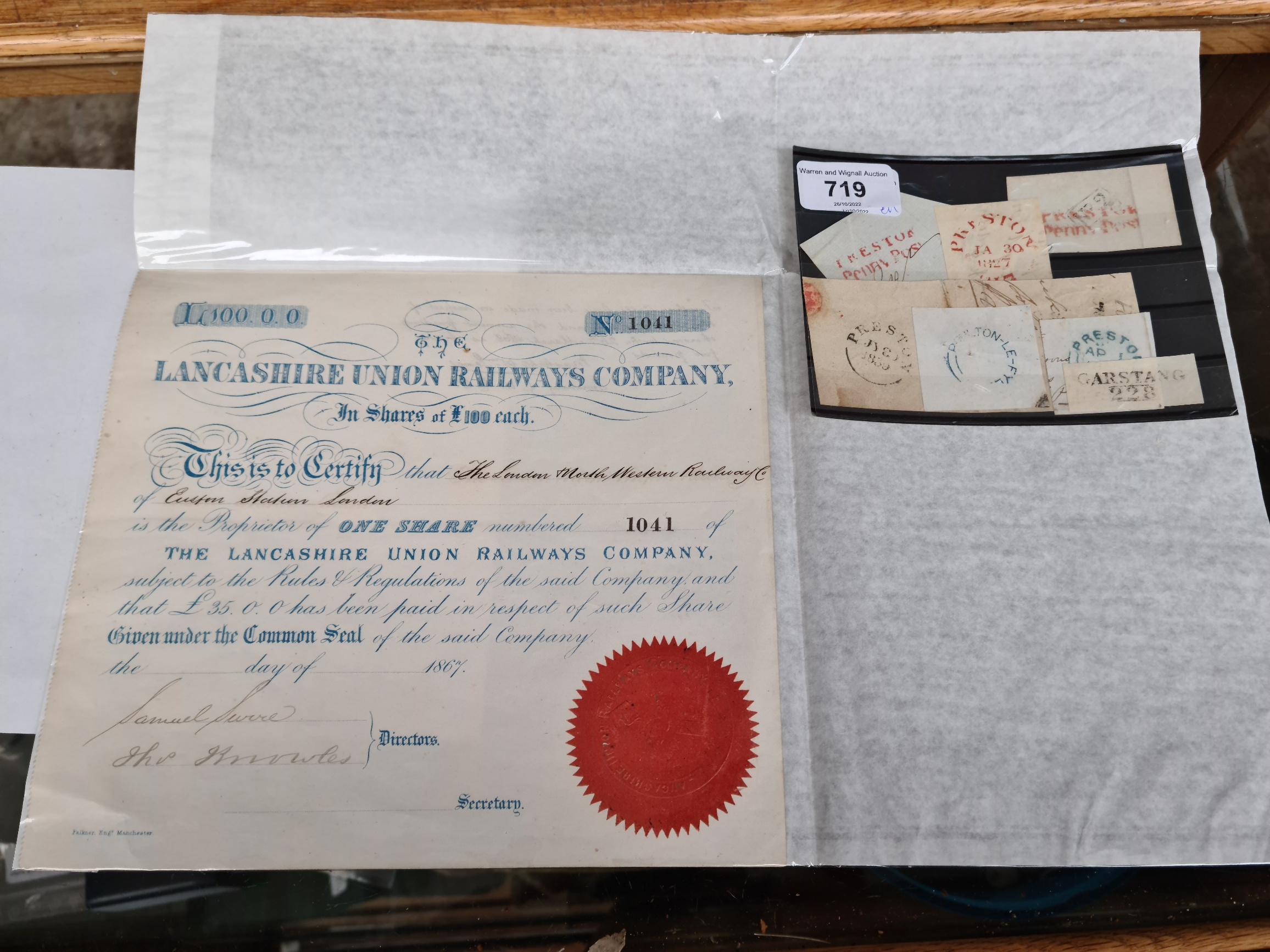 Acoolection of north west counter date stamps and a share certificate from Lancashire Union Railways