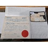 Acoolection of north west counter date stamps and a share certificate from Lancashire Union Railways