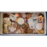 A box and a file of GB and world coins to include florins, half crowns, shillings, sixpences and two