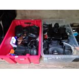 Two large boxes of cameras and camera equipment to include Olympus OM40, Fujica, Fujifilm, Sony
