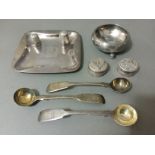 Assorted hallmarked silver, two Egyptian silver pill boxes and silver plated items, gross weight