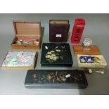 Selection of wooden boxes to include 2 Oriental, a pine box with EPNS ware, a vintage walnut shell