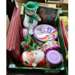 A mixed box of Christmas collectables including Tom Smith's crackers box, a Raymond Biggs snowman, a