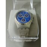 A Swatch Irony AG 1999 watch with extra strap links and associated box.