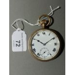 A Record gold plated open faced pocket watch, case diameter 50mm.