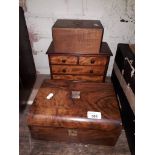 A small drawers cabinet, a small box and a 19th century walnut writing slope with contents including