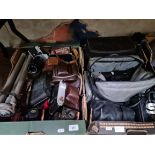 Two boxes of cameras and camera equipment to include vintage cameras, folding cameras, Kodak, Ilford